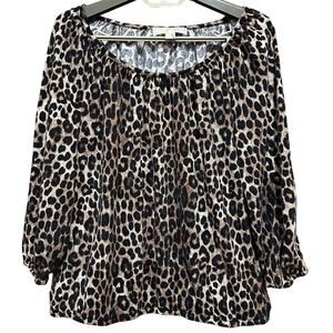 Michael Kors Top Womens Size M Brown Black Leopard Long Sleeve Cotton Modal